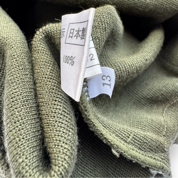 Olive Green Wool Knit Cardigan Contrast Hem Gold Buttons - Picture 9 of 11